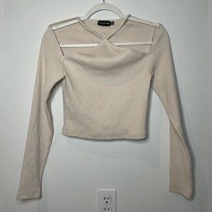 Stone Rib Cut Out Shoulder Long Sleeve Top